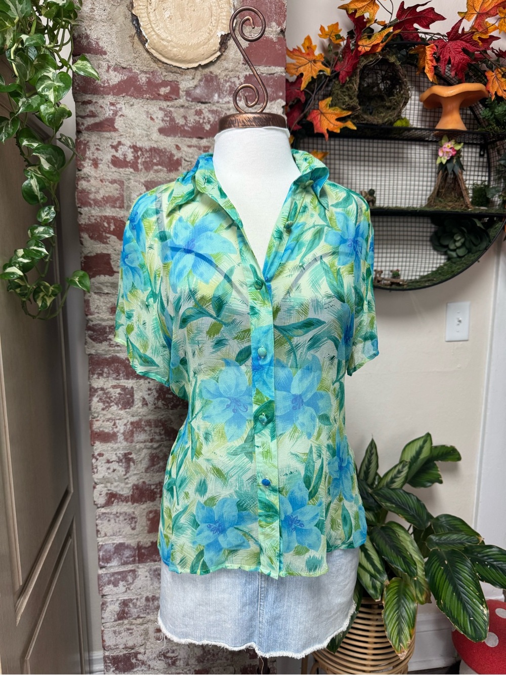 Y2K 90s Vintage Silk Sheer Hawaiian Retro Tropical Blouse Large